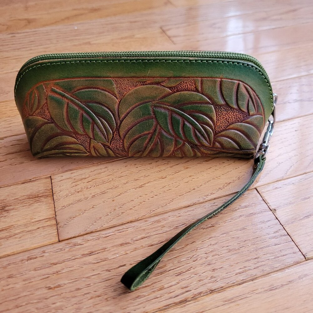 Vintage Tooled Leather Clutch Eye Glass Case Leather Flower Wrist Strap